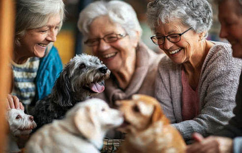 Three women are sitting around a table with a dog and a cat. They are smiling and enjoying their time together. AI generated content